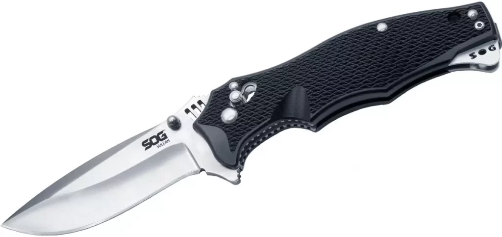 SOG Pocket Folding Knife, with a Black G-10 handle and a black Micarta handle. It's a good knife to keep in your pocket for those moments when you need a small knife.