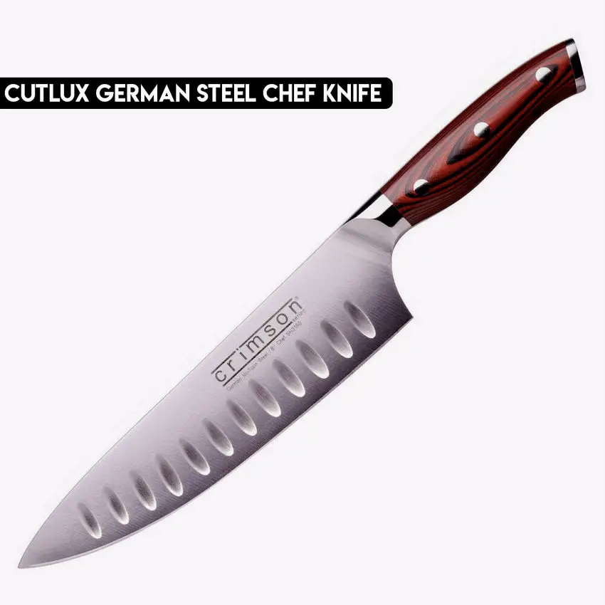 The Cutlux German Steel Chef Knife comes with a wooden handle and a nice sheath.
