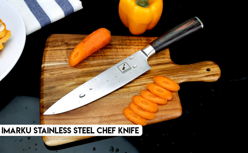 Imarku Stainless Steel Chef Knife is a small knife with a blade made from stainless steel, and an ergonomic handle. It's one of the best knives I've ever used for preparing food.