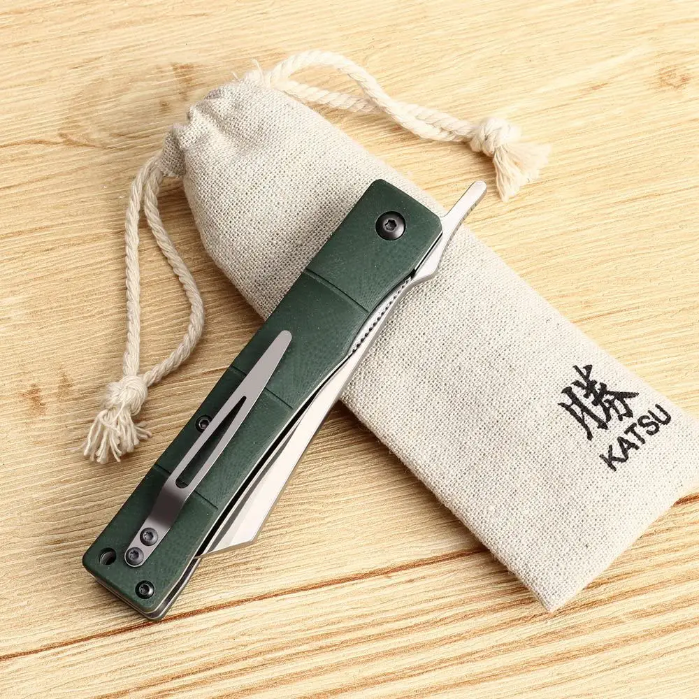 KATSU Handmade D2 Steel Blade G10 Handle Bamboo Style Japanese Razor Pocket Folding Knife with Pocket Clip
