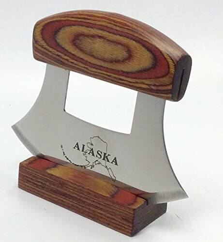 Alaska Ulu Knife Natural Exotic Wood Stand Etched Blade