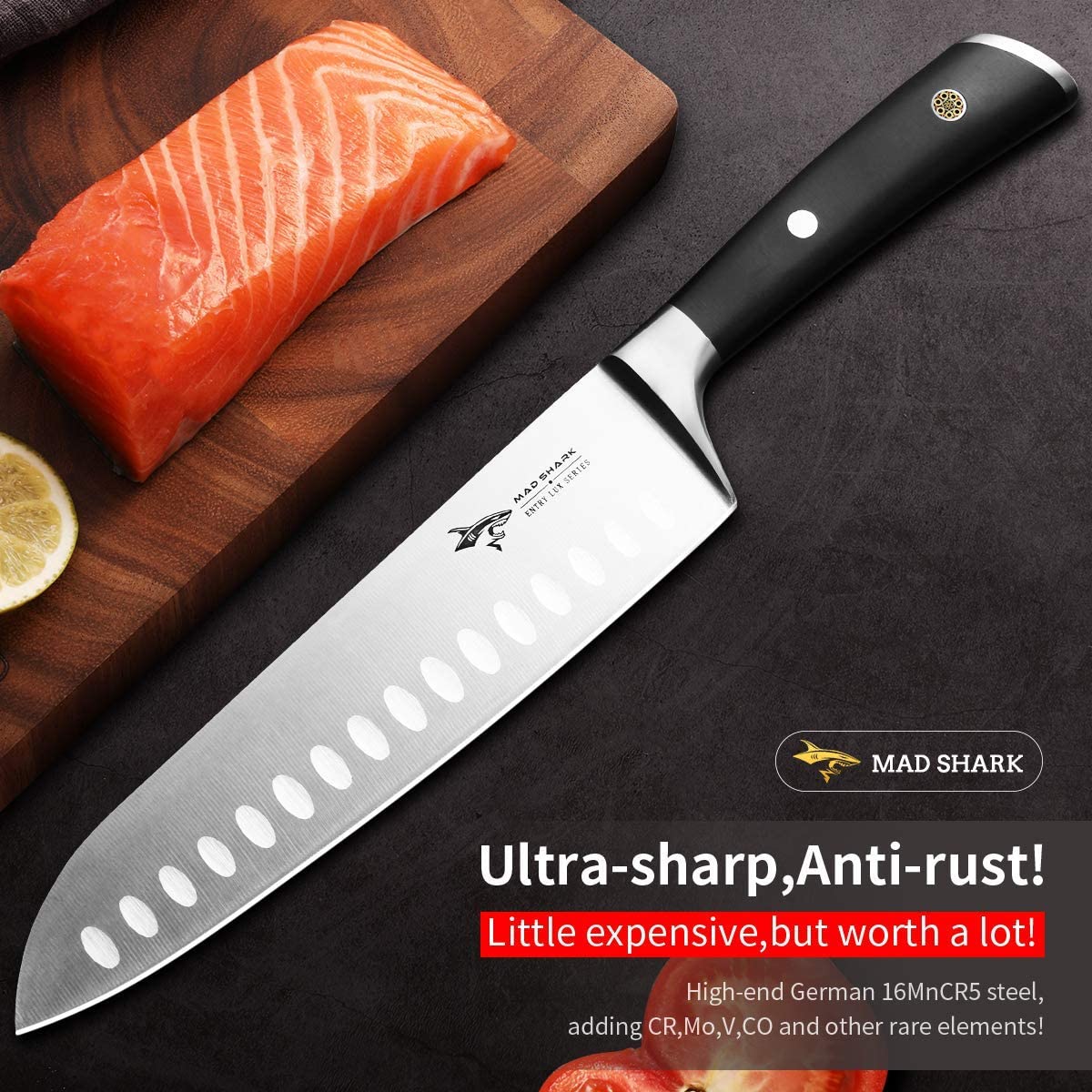 Santoku Knife Professional - MAD SHARK Chefs Knife 8 Inch Japanese Kitchen Knives,Best Quality German Carbon Stainless Steel Knife with Ergonomic Handle,Ultra Sharp,Best for Home and Restaurant 