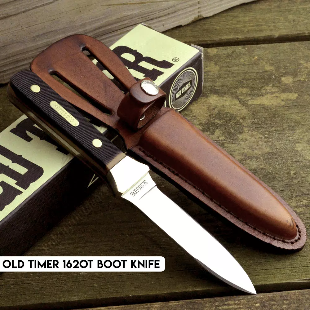 Old Timer 162OT boot knife, made in the USA. The knife is 8" overall and has a 3.5" blade. The handle is constructed of a durable leather and the blade is made of a very hard VG-10 stainless steel.