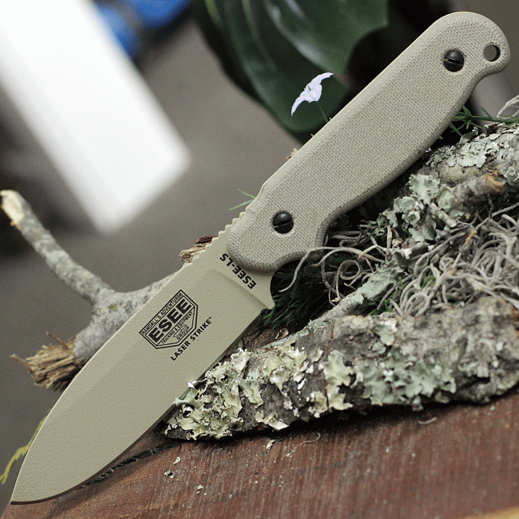 Esee Laser Strike, heavy-duty full tang fixed blade knife with rugged micarta handle.